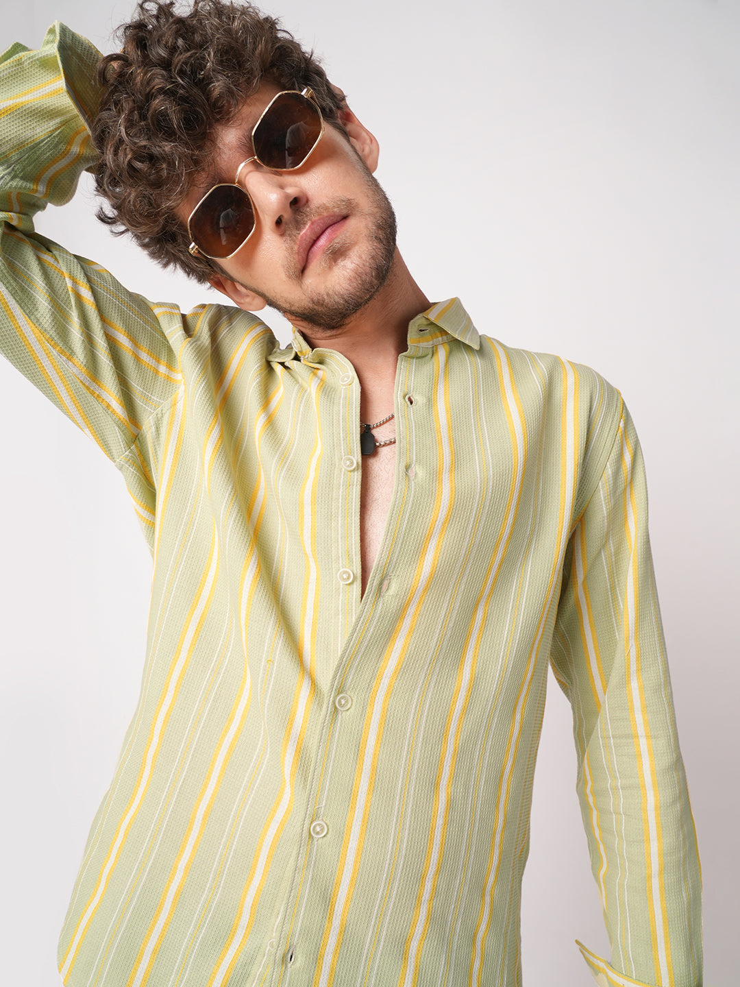 Pastel Green Coastal Striped Waffle Shirt