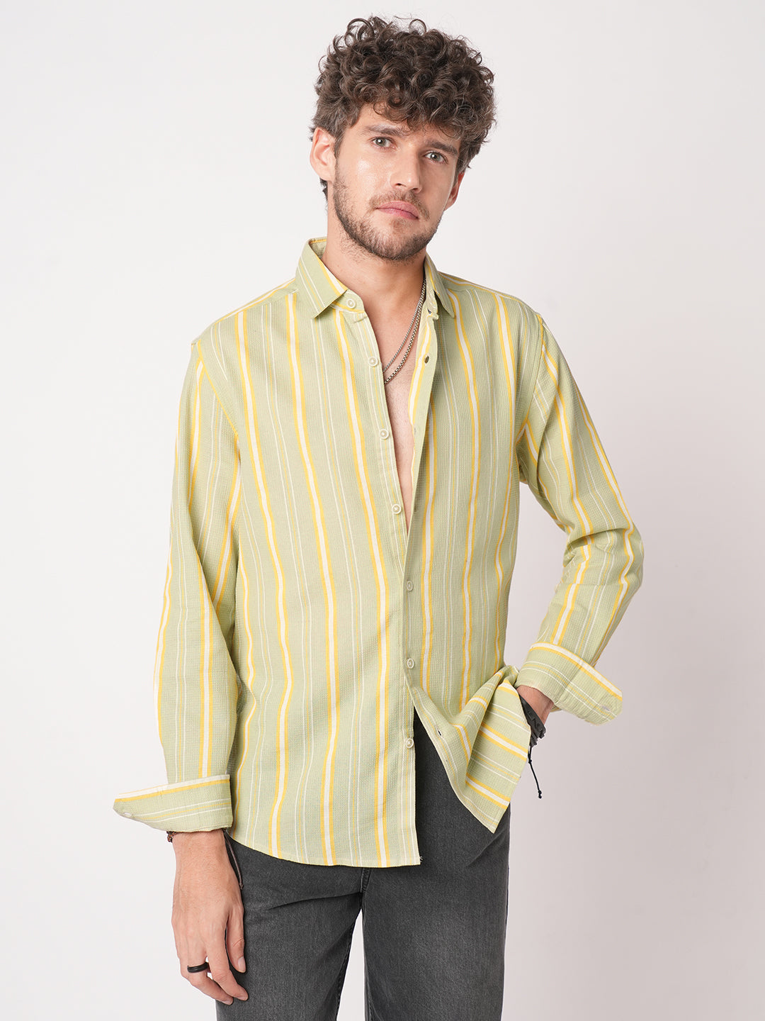 Pastel Green Coastal Striped Waffle Shirt