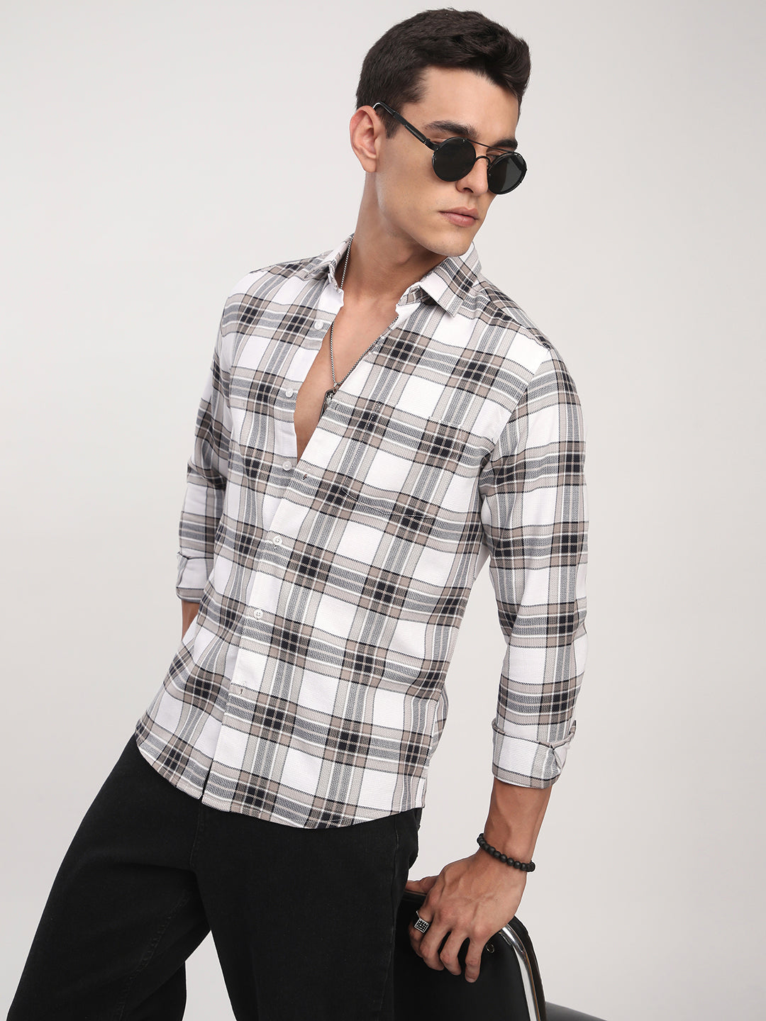 Premium Cotton White & Brown Plaid Checks Shirt
