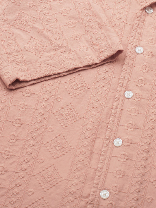 Intricate Apricot Embroidered Notch Collar Oversized Shirt