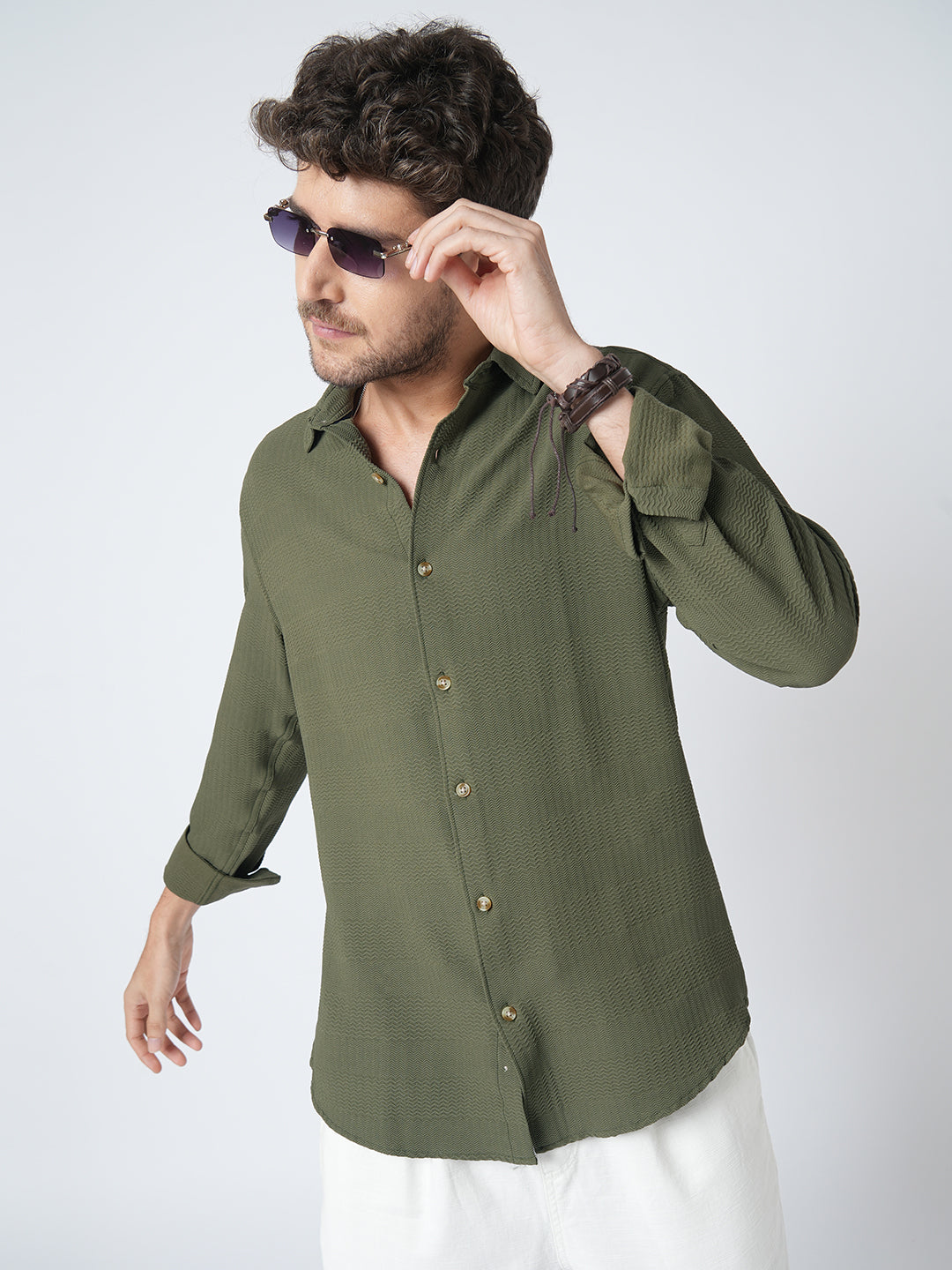 Olive Green Terrain Ripple Detail Textured Shirt