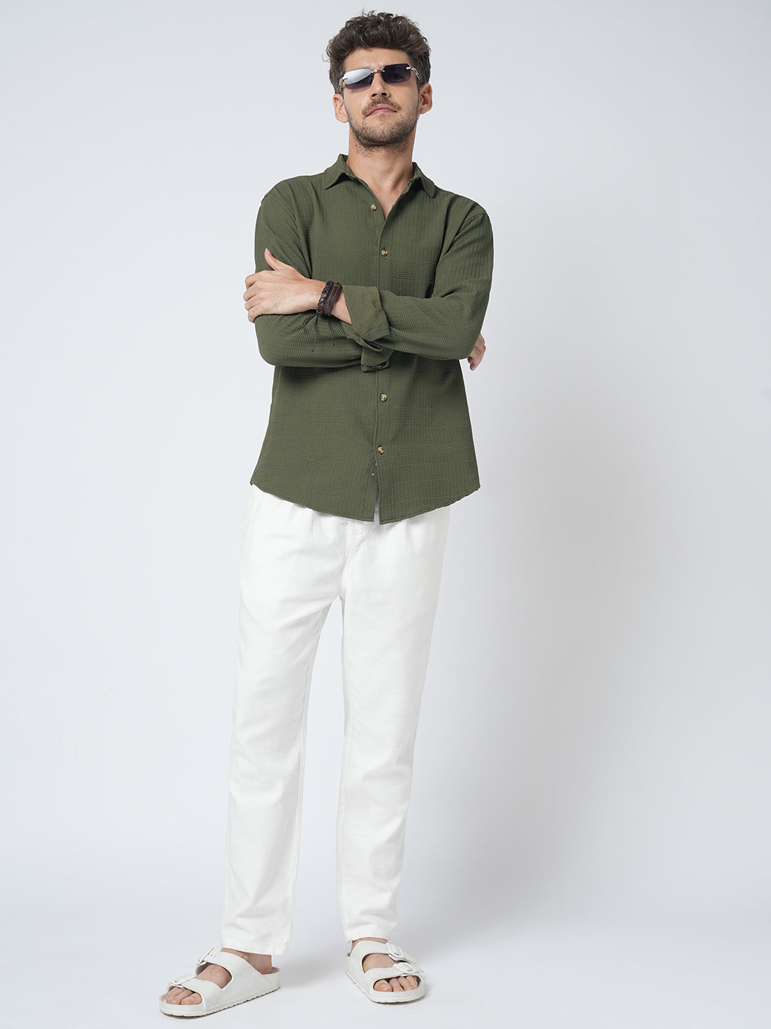 Olive Green Terrain Ripple Detail Textured Shirt