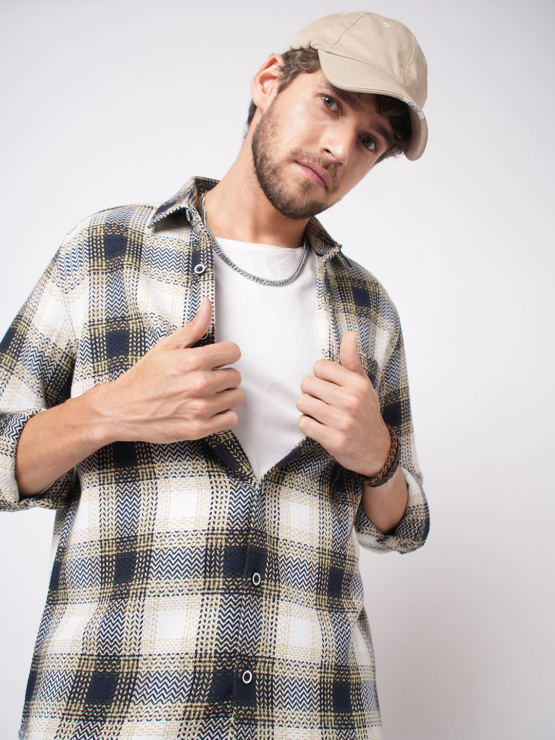 Off-White & Black Chevron Echo Tweed Checks Shirt