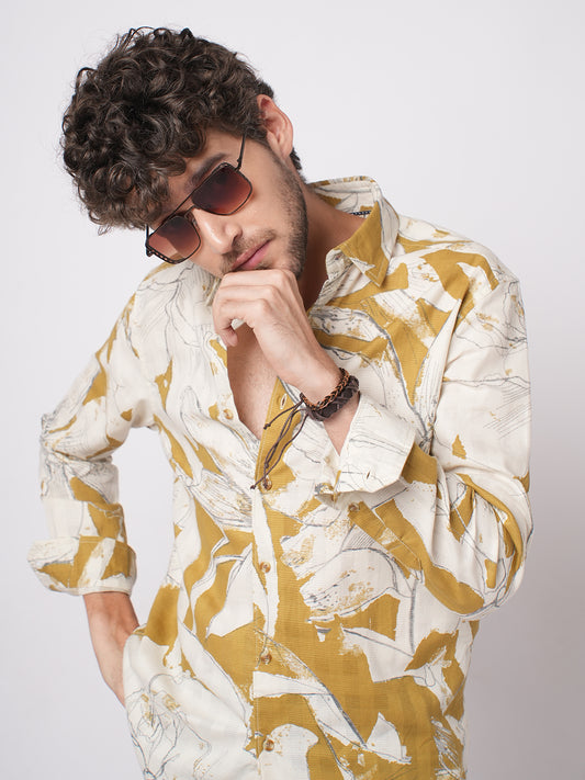 Off White & Tan Muted Botanical Shirt