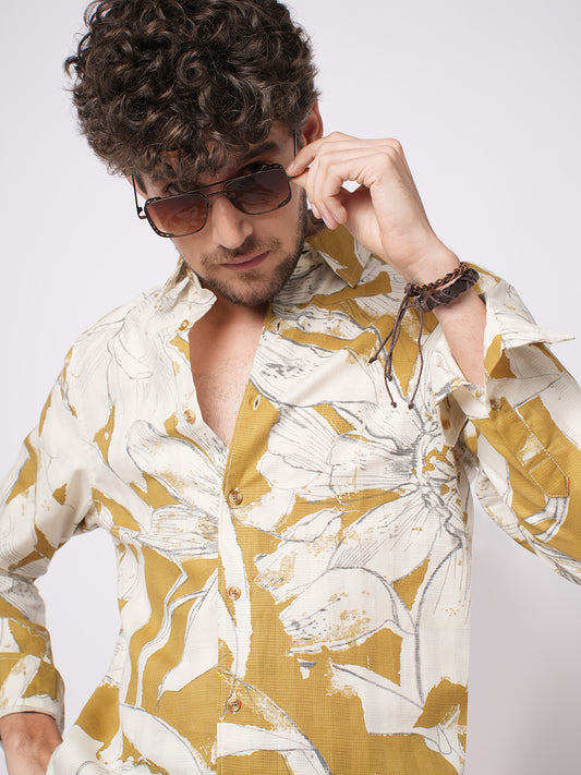 Off White & Tan Muted Botanical Shirt