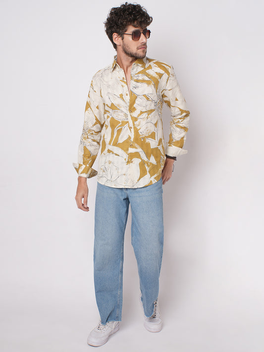 Off White & Tan Muted Botanical Shirt