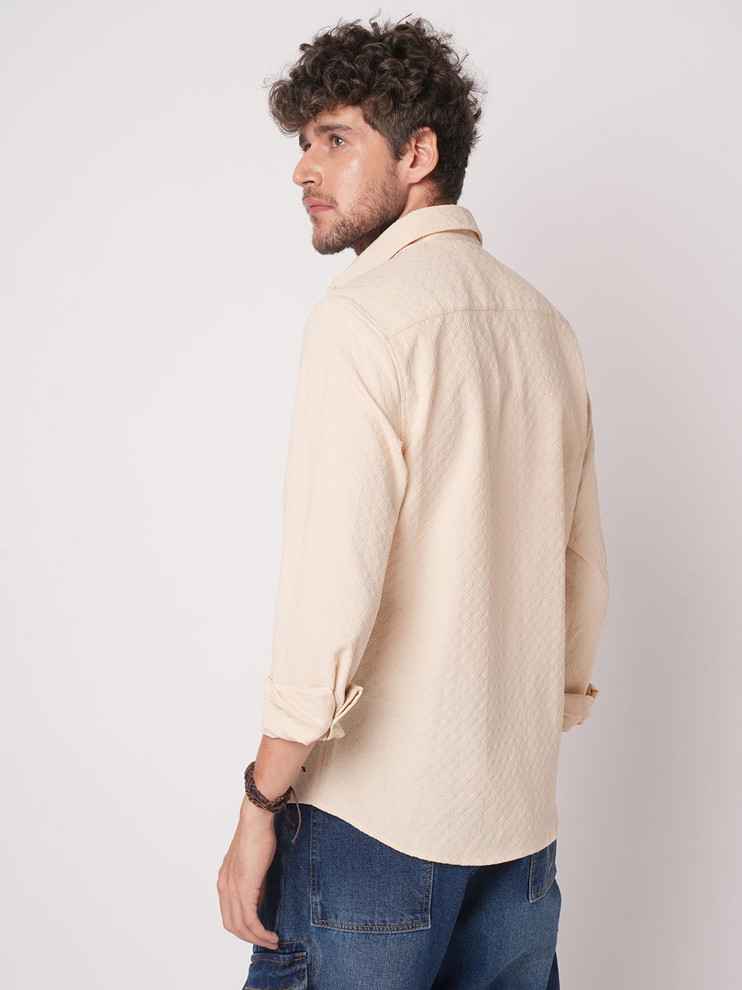 Oyster Cream Geometric Textured Shirt