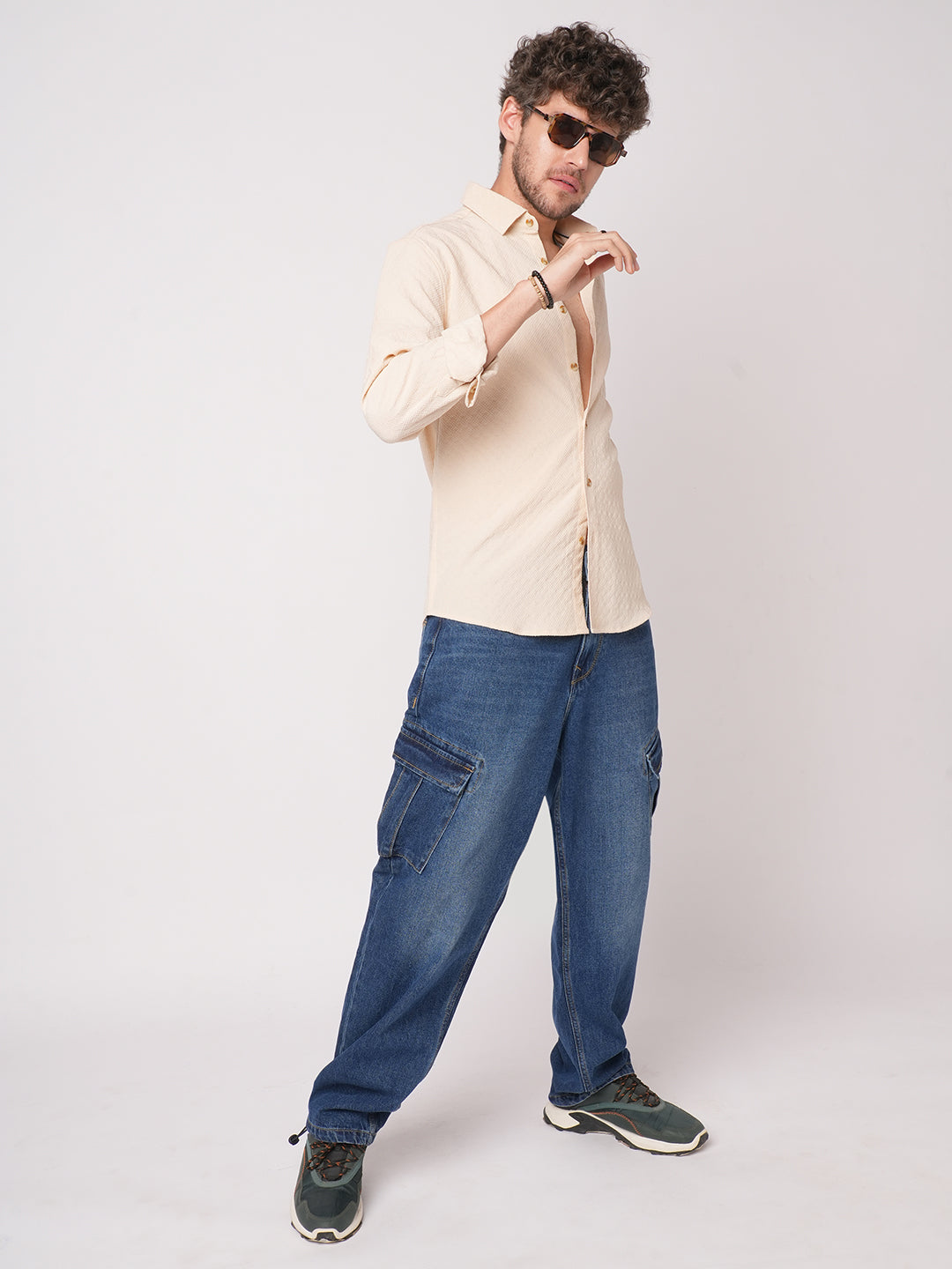 Oyster Cream Geometric Textured Shirt