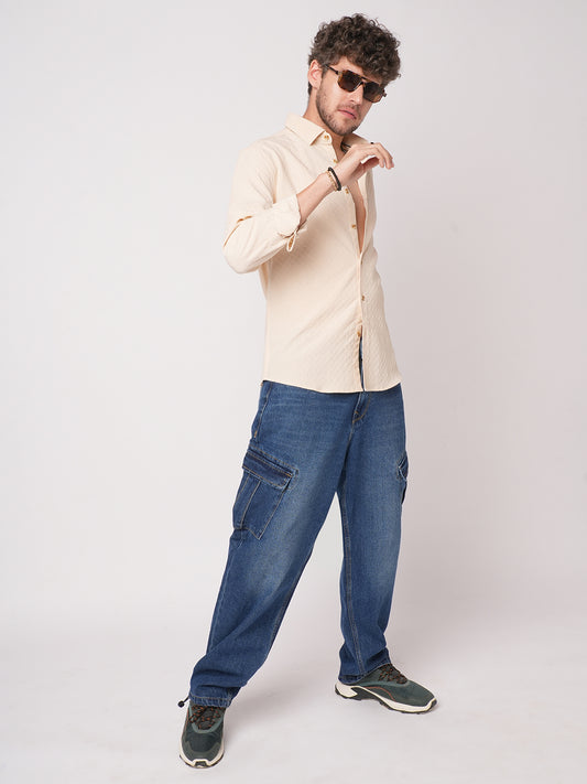 Oyster Cream Geometric Textured Shirt