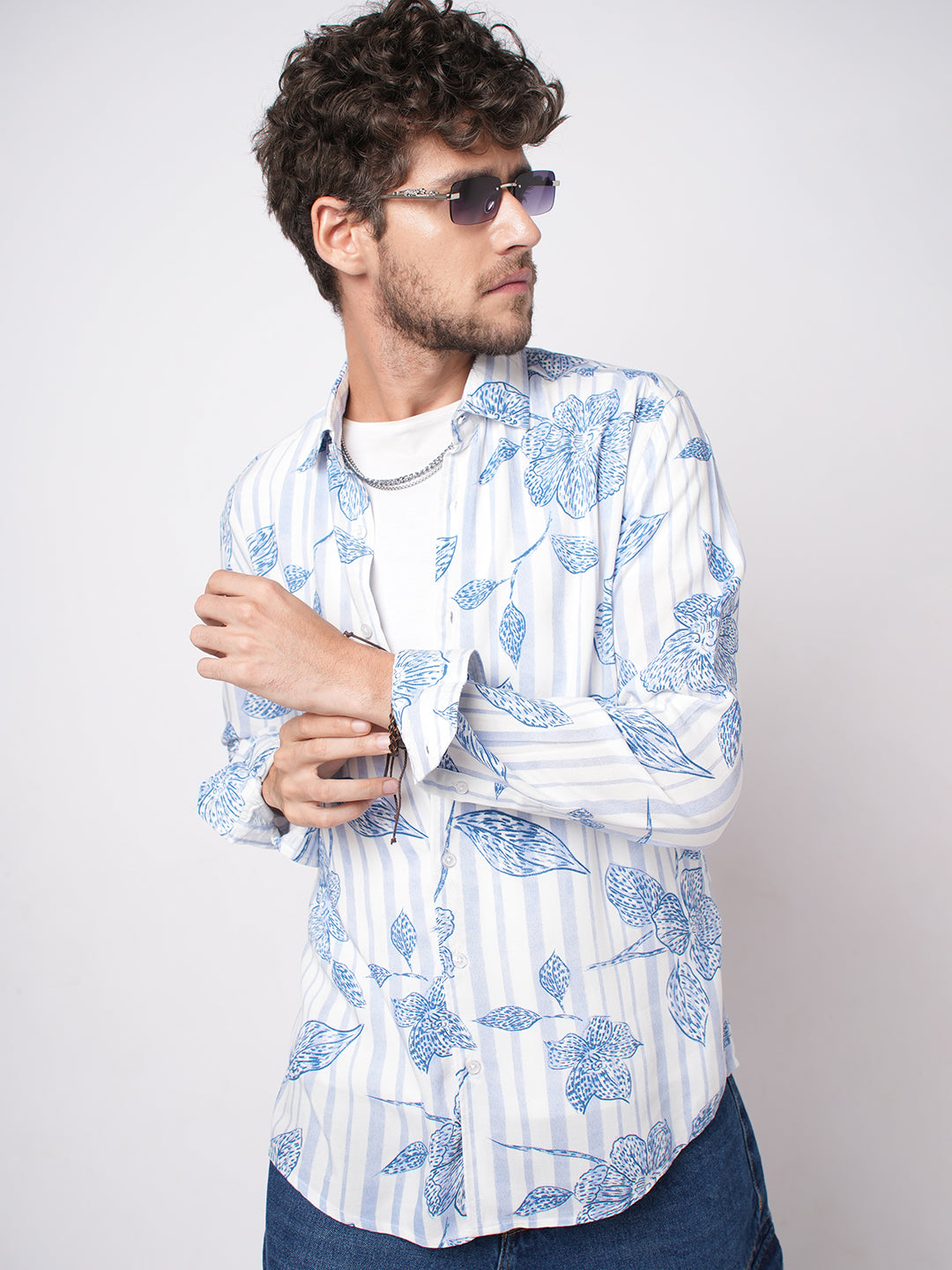 White & Blue Striped Floral Printed Shirt