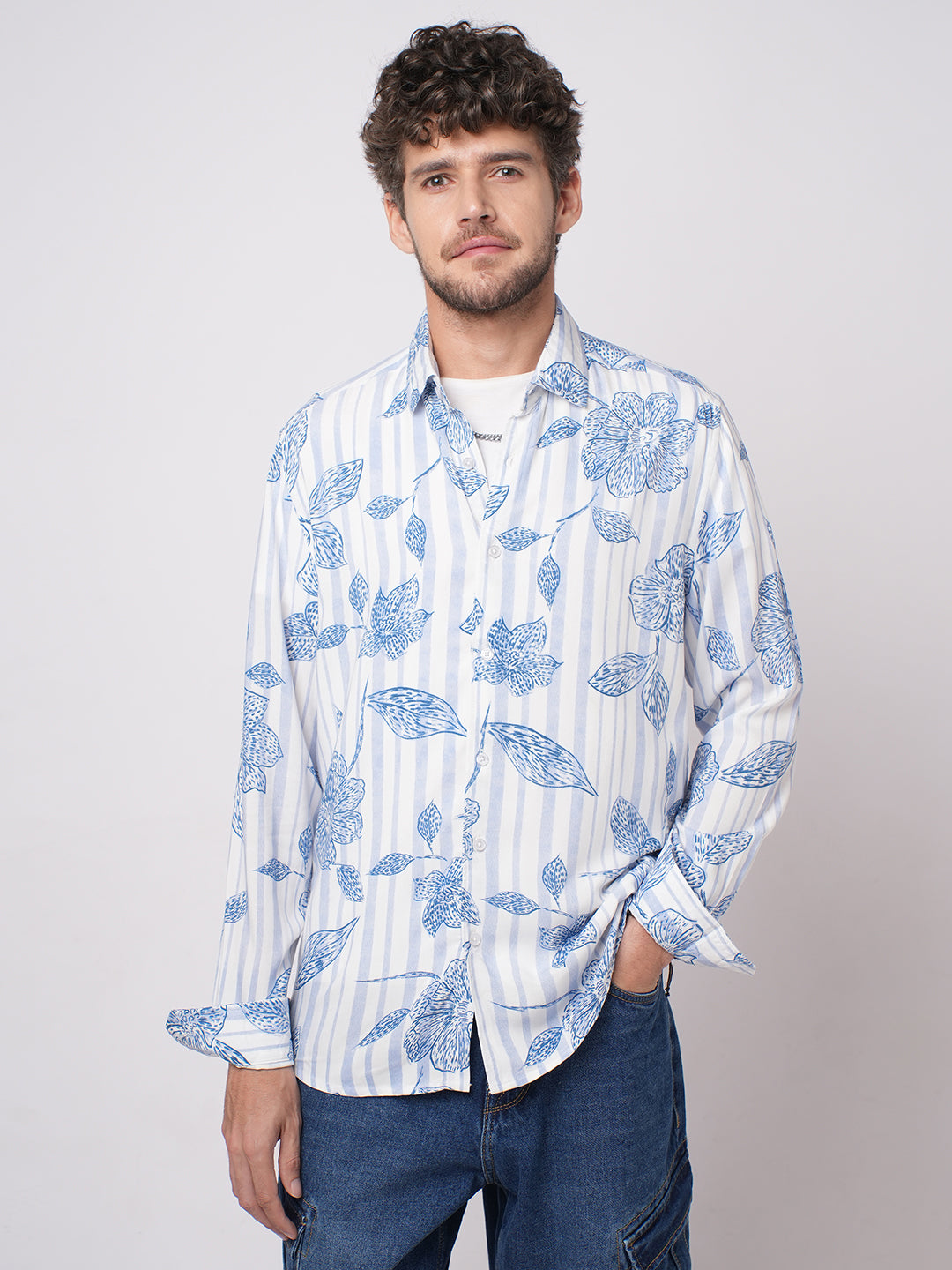 White & Blue Striped Floral Printed Shirt
