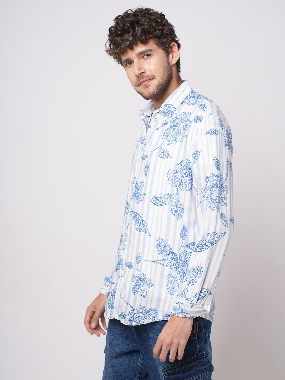 White & Blue Striped Floral Printed Shirt