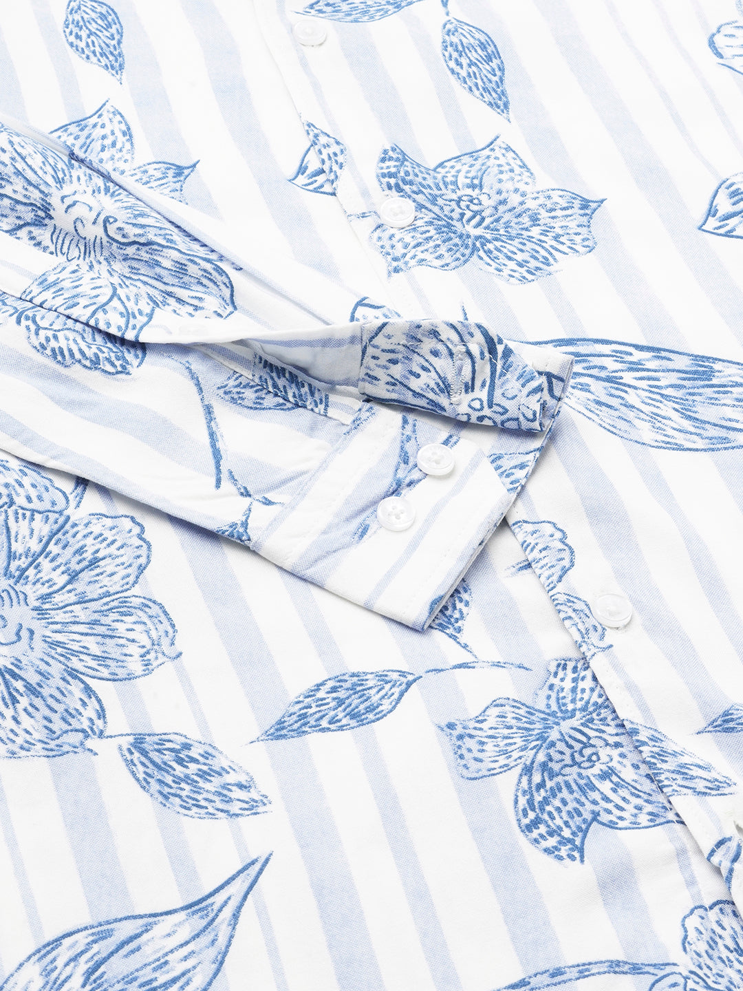 White & Blue Striped Floral Printed Shirt