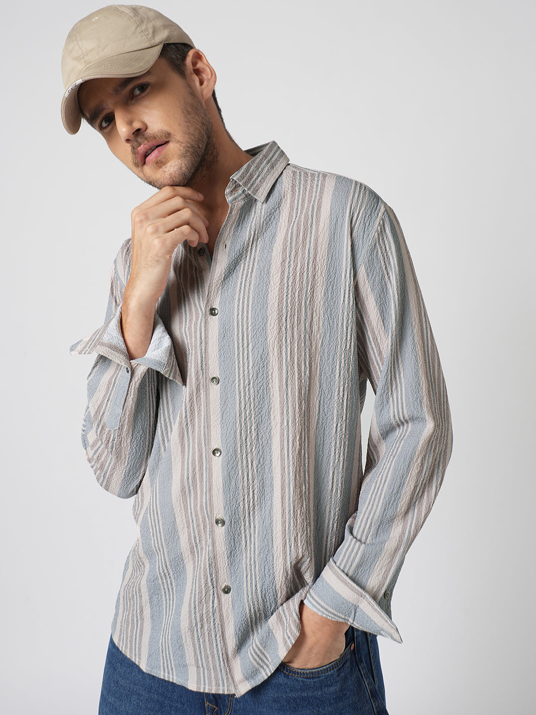 Vintage Herringbone Multistripe Driftwood Crinkled Shirt