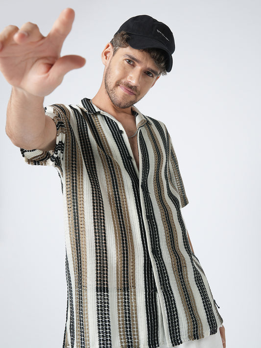 White Boho Weave Striped Crochet Oversized Shirt