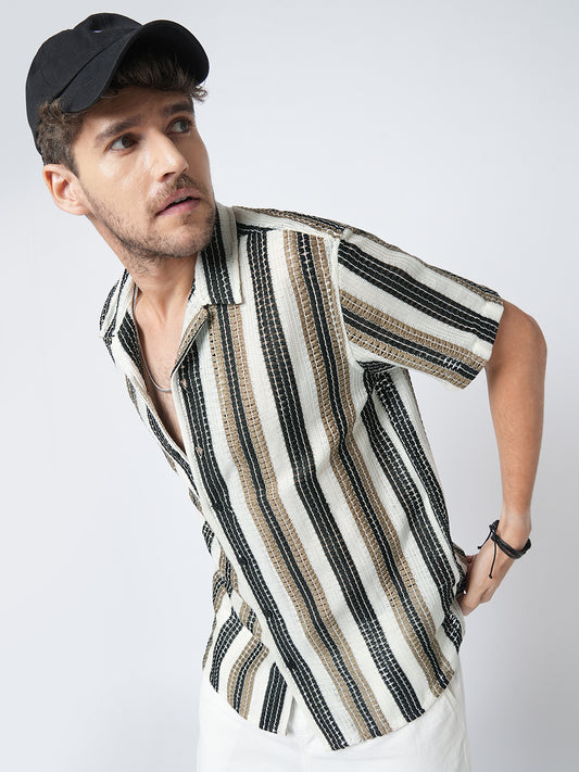 White Boho Weave Striped Crochet Oversized Shirt