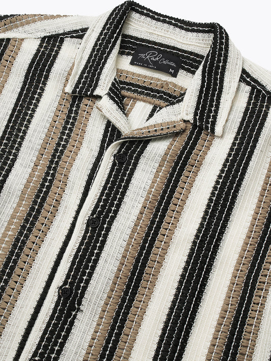White Boho Weave Striped Crochet Oversized Shirt