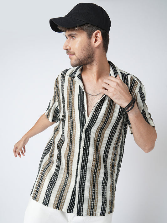 White Boho Weave Striped Crochet Oversized Shirt