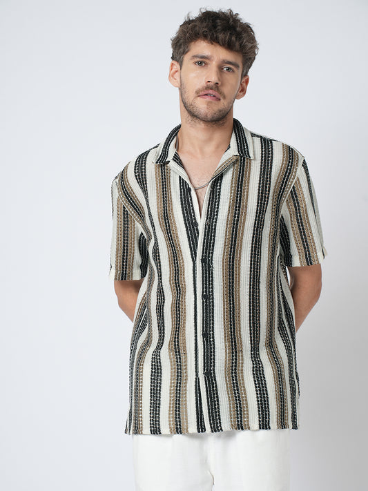 White Boho Weave Striped Crochet Oversized Shirt