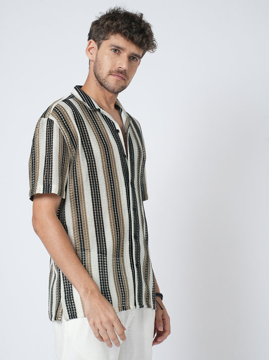 White Boho Weave Striped Crochet Oversized Shirt