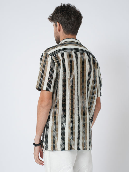 White Boho Weave Striped Crochet Oversized Shirt