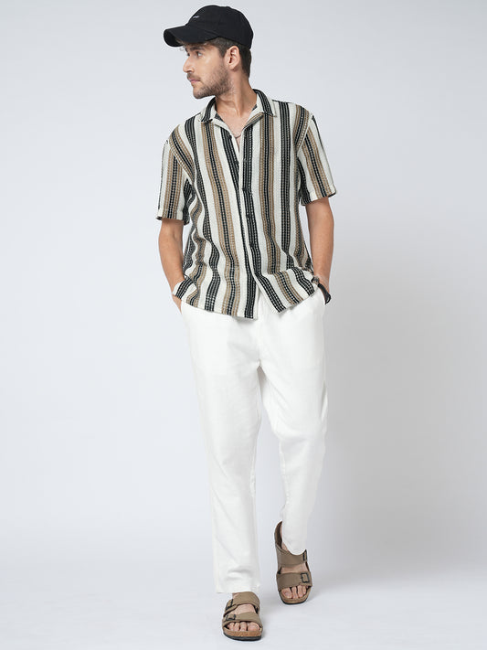 White Boho Weave Striped Crochet Oversized Shirt