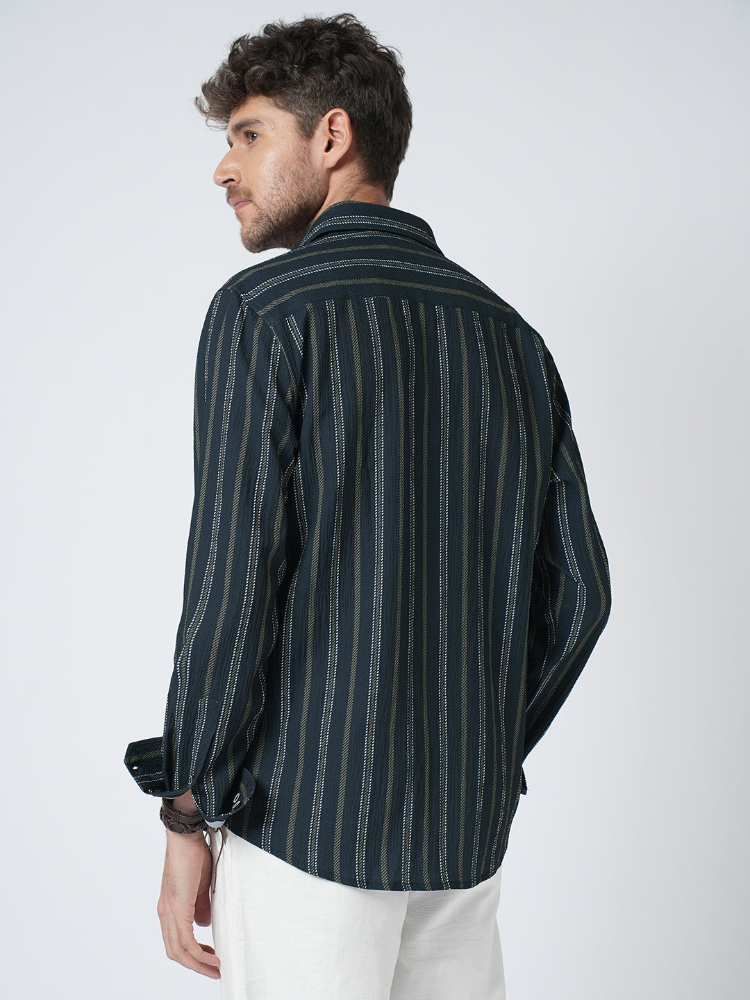 Navy & Olive Contrast Striped Crinkled Shirt