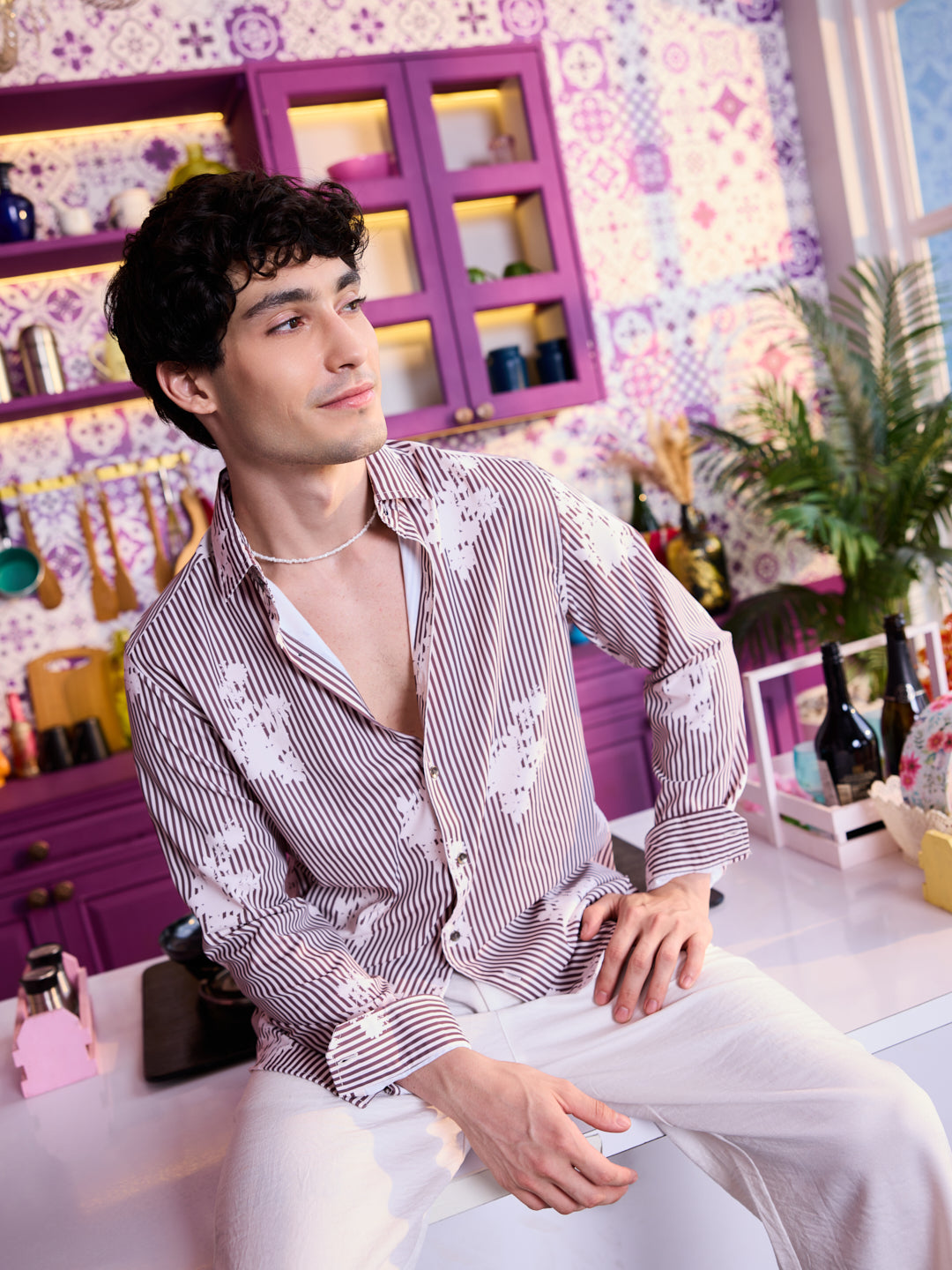 Brown & White Botanical Stripes Shirt