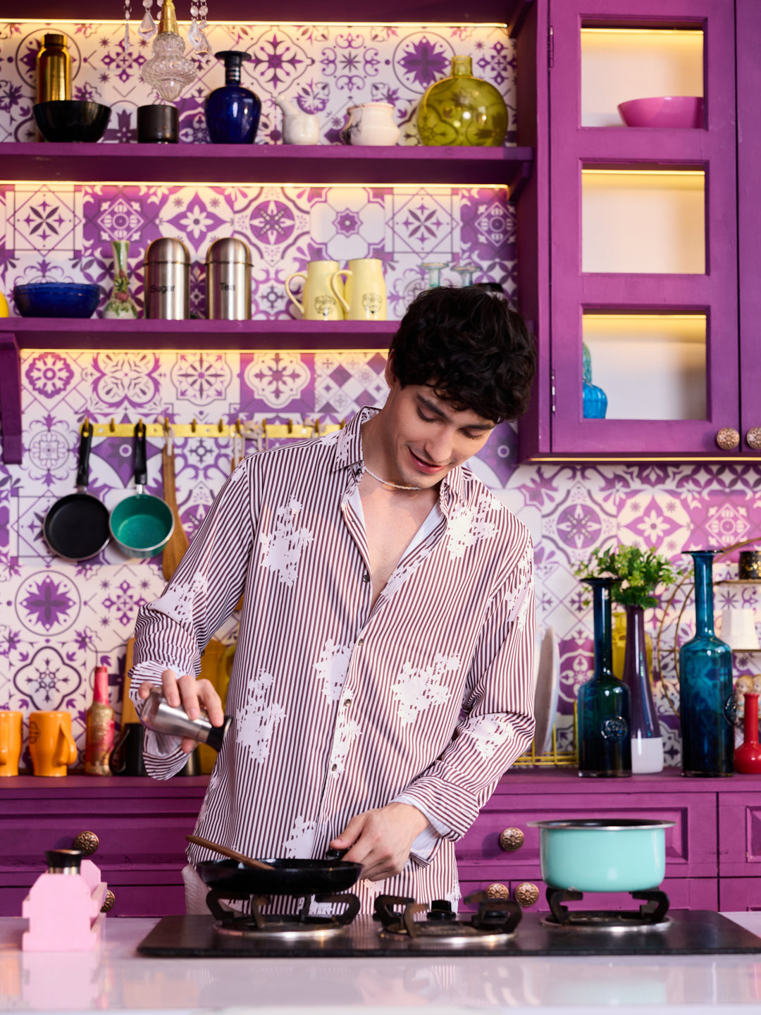 Brown & White Botanical Stripes Shirt