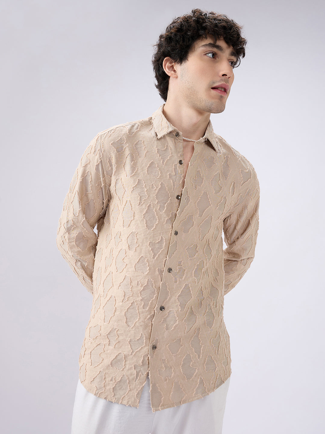 Beige Lozenge Engraved Artisan Frayed Shirt
