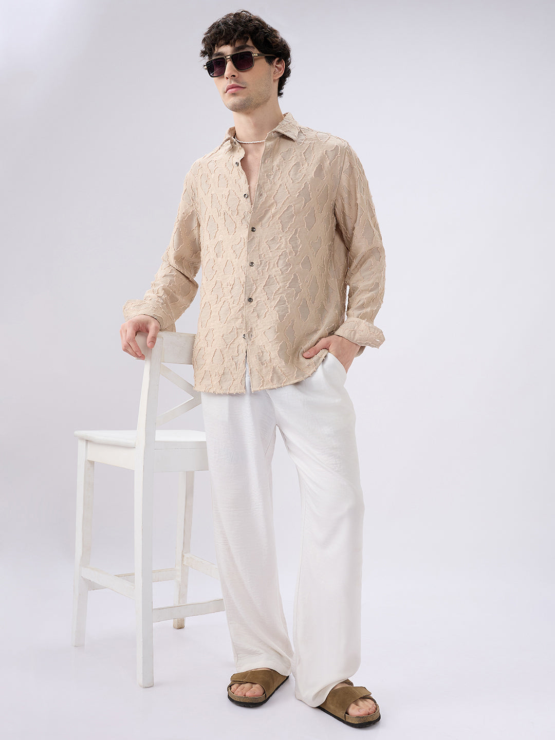 Beige Lozenge Engraved Artisan Frayed Shirt