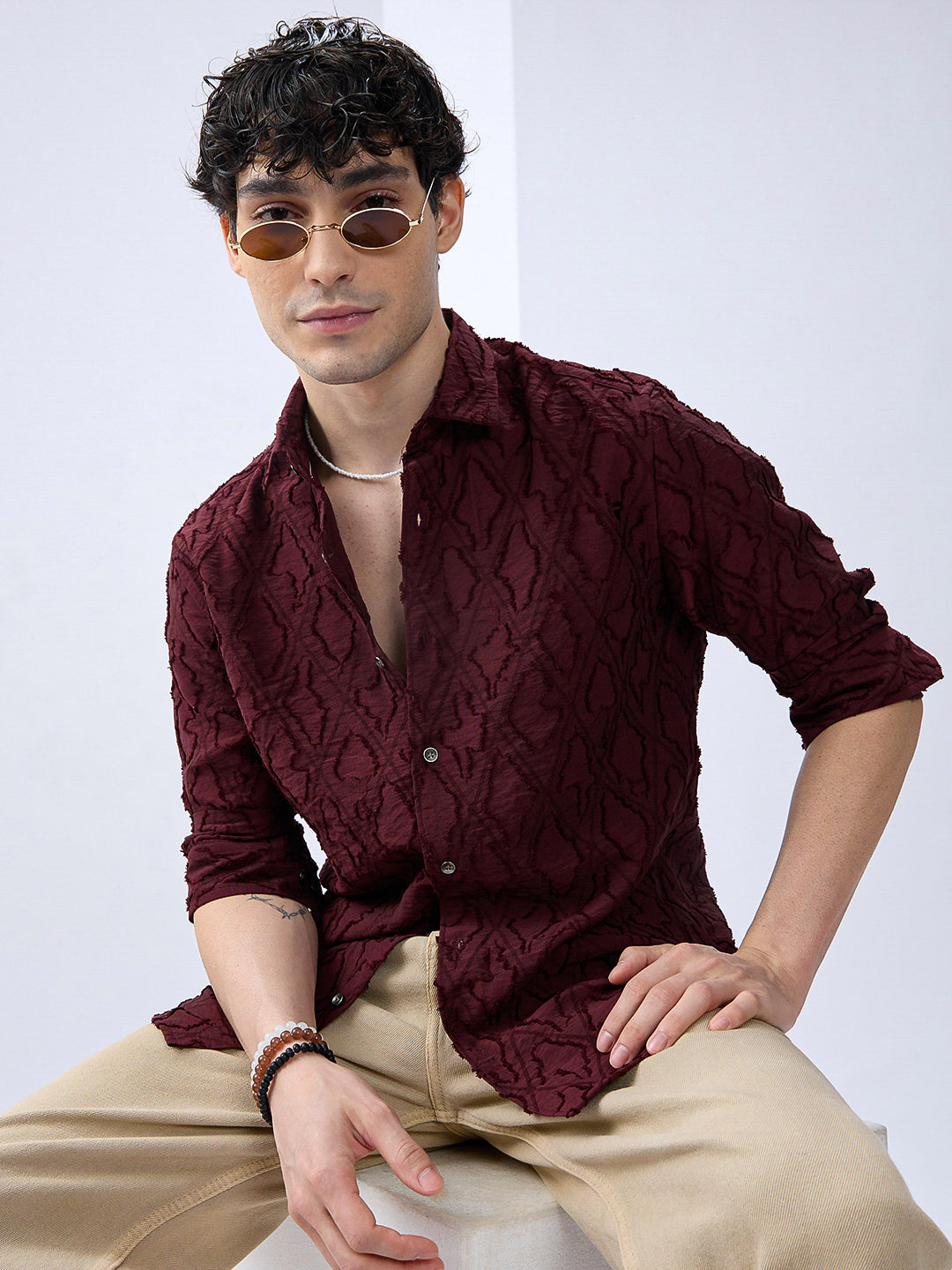 Maroon Mirage Lozenge Sculpted Frayed Shirt - Image 1