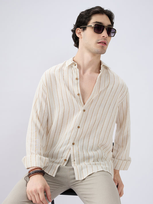 Classic Grainy Beige Striped Linen Blend Shirt