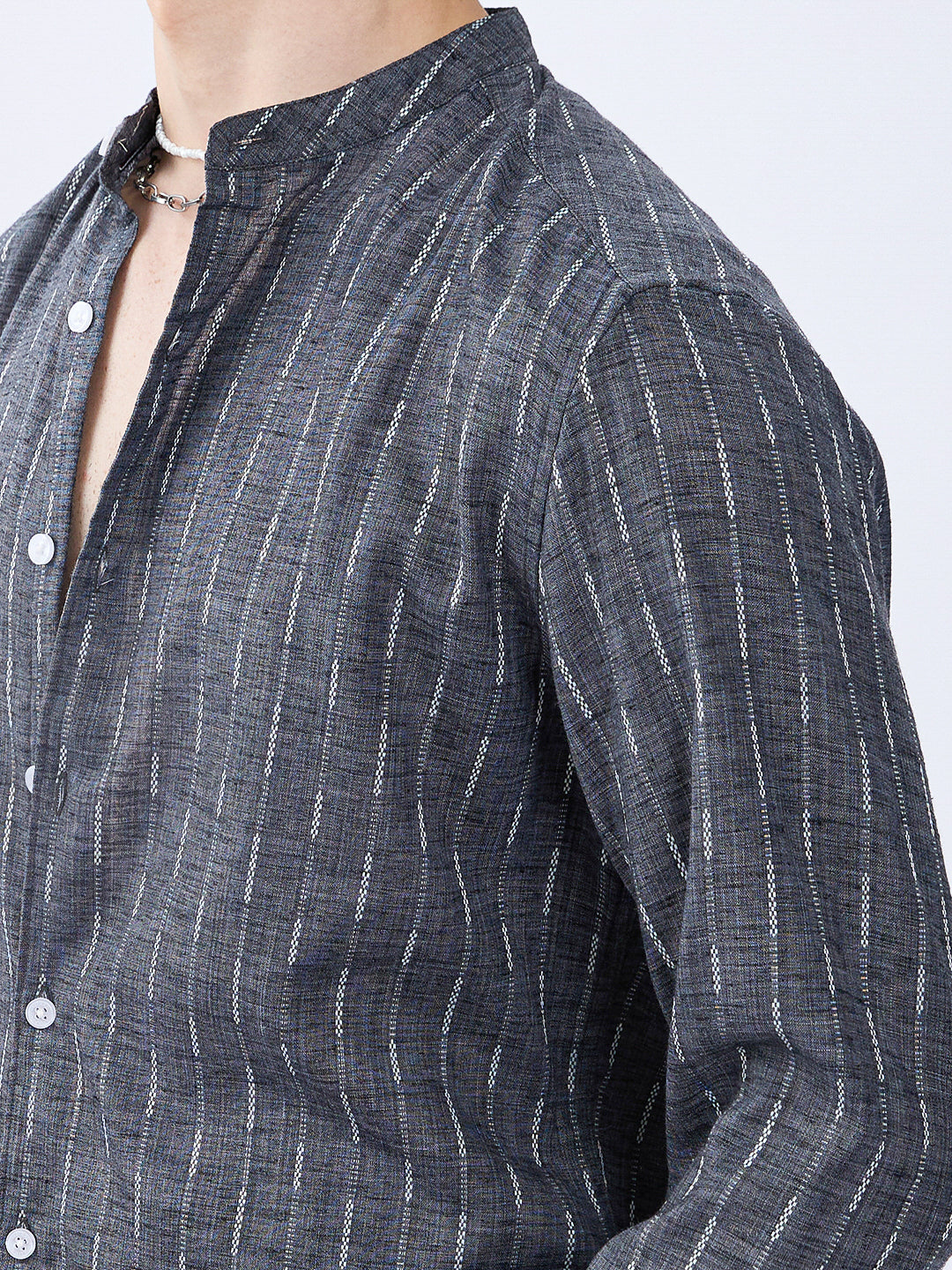 Charcoal Black Shadow-Weft Striped Mandarin Shirt