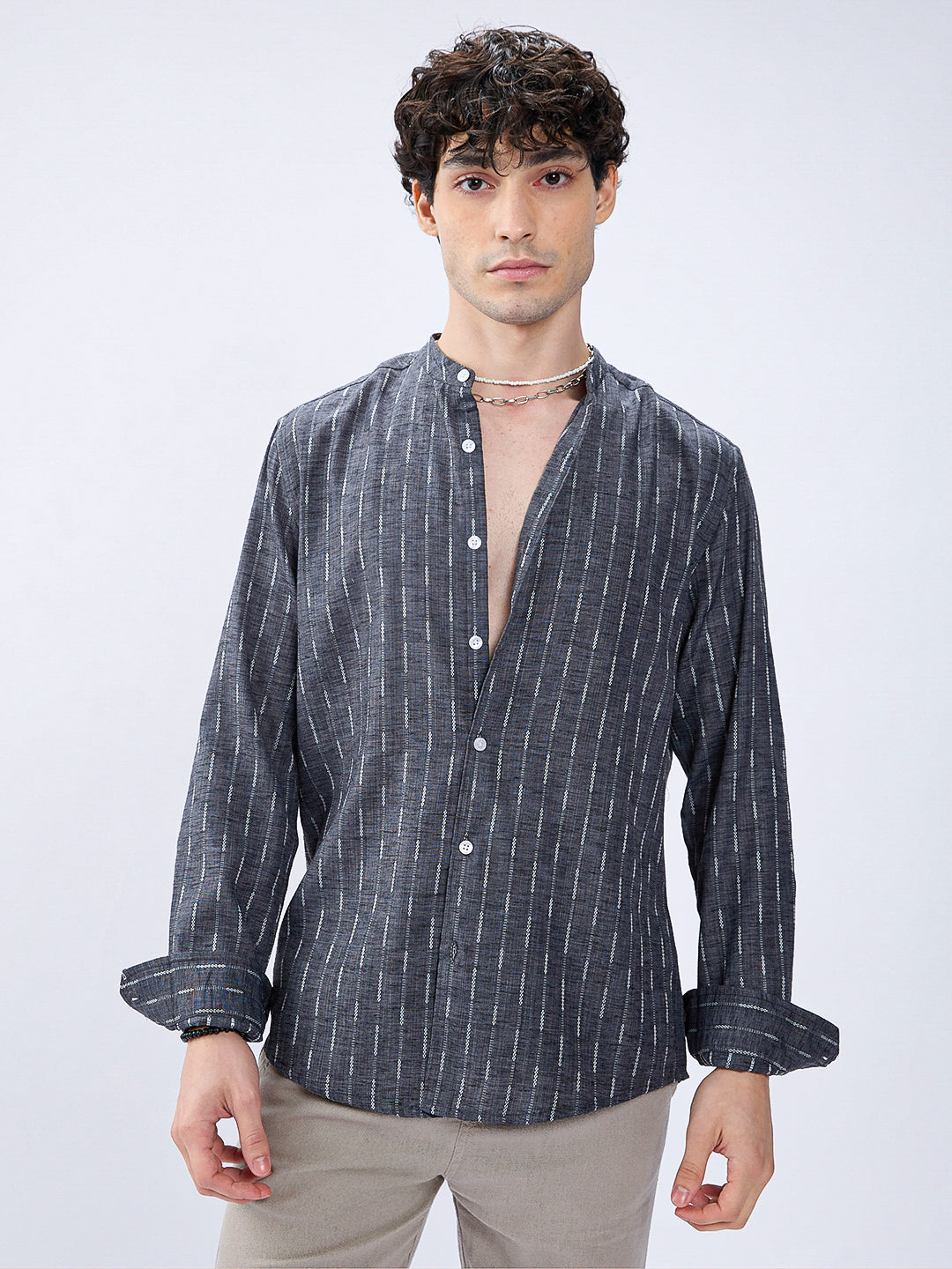 Charcoal Black Shadow-Weft Striped Mandarin Shirt