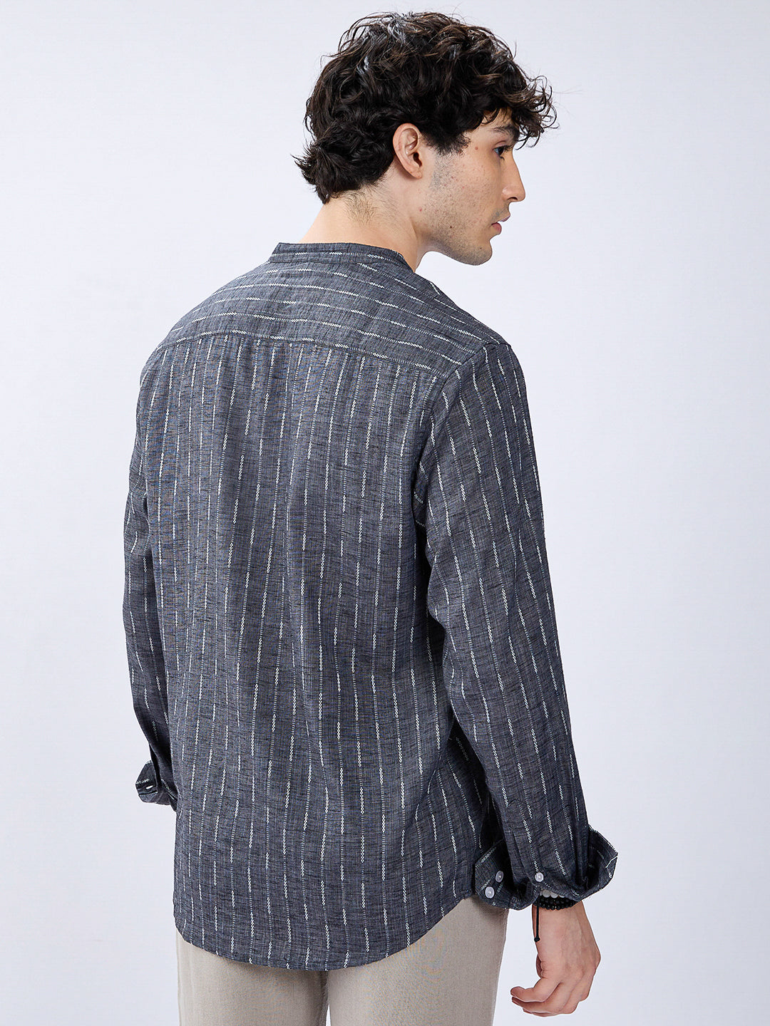 Charcoal Black Shadow-Weft Striped Mandarin Shirt