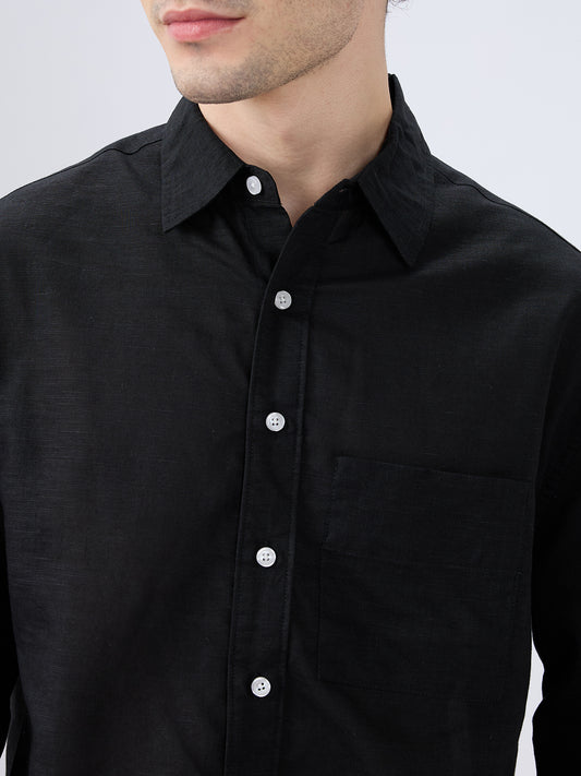 Black Subtle Linen Boxy Fit Crop Shirt