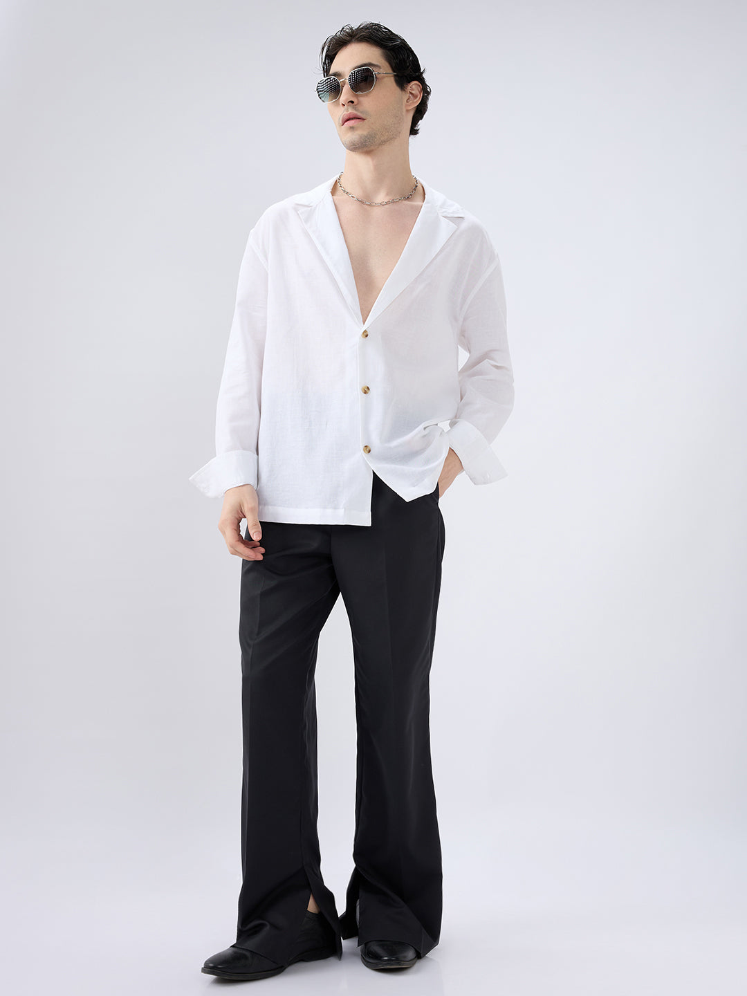 Whiteout Linen Notched Lapel Collar Oversized Shirt