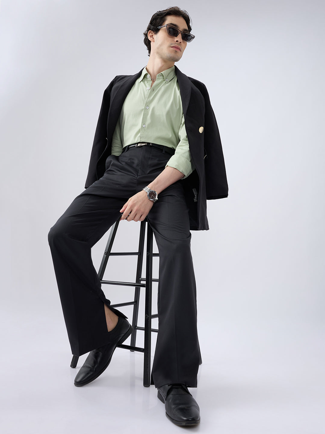 Tea Green Button-Down Collar Satin Shirt