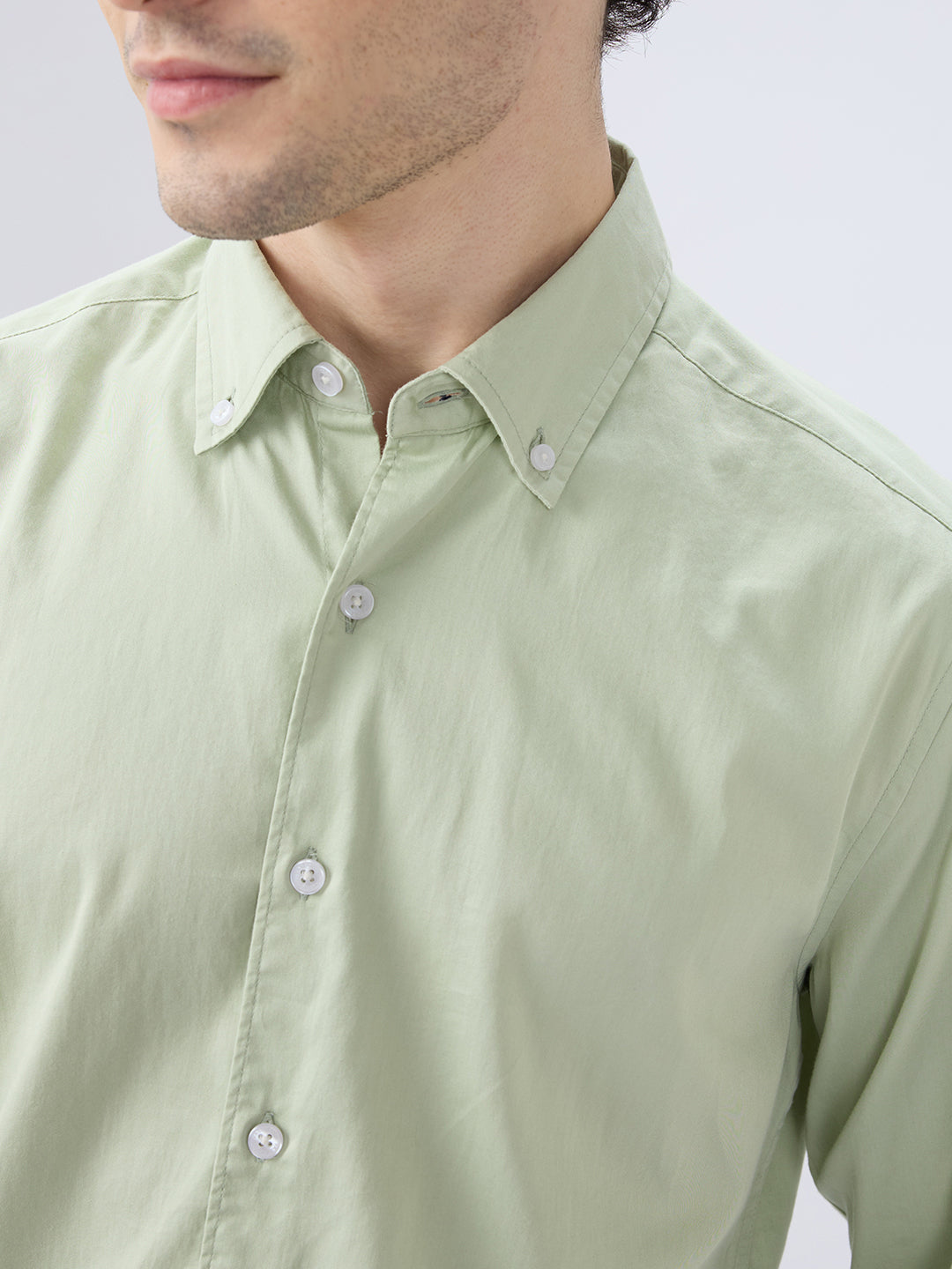 Tea Green Button-Down Collar Satin Shirt