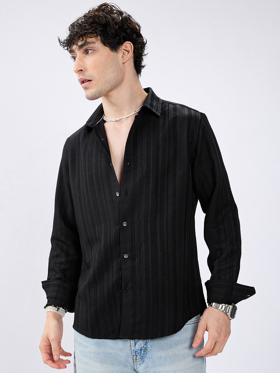 Black Artisan Woven Jacquard Striped Shirt