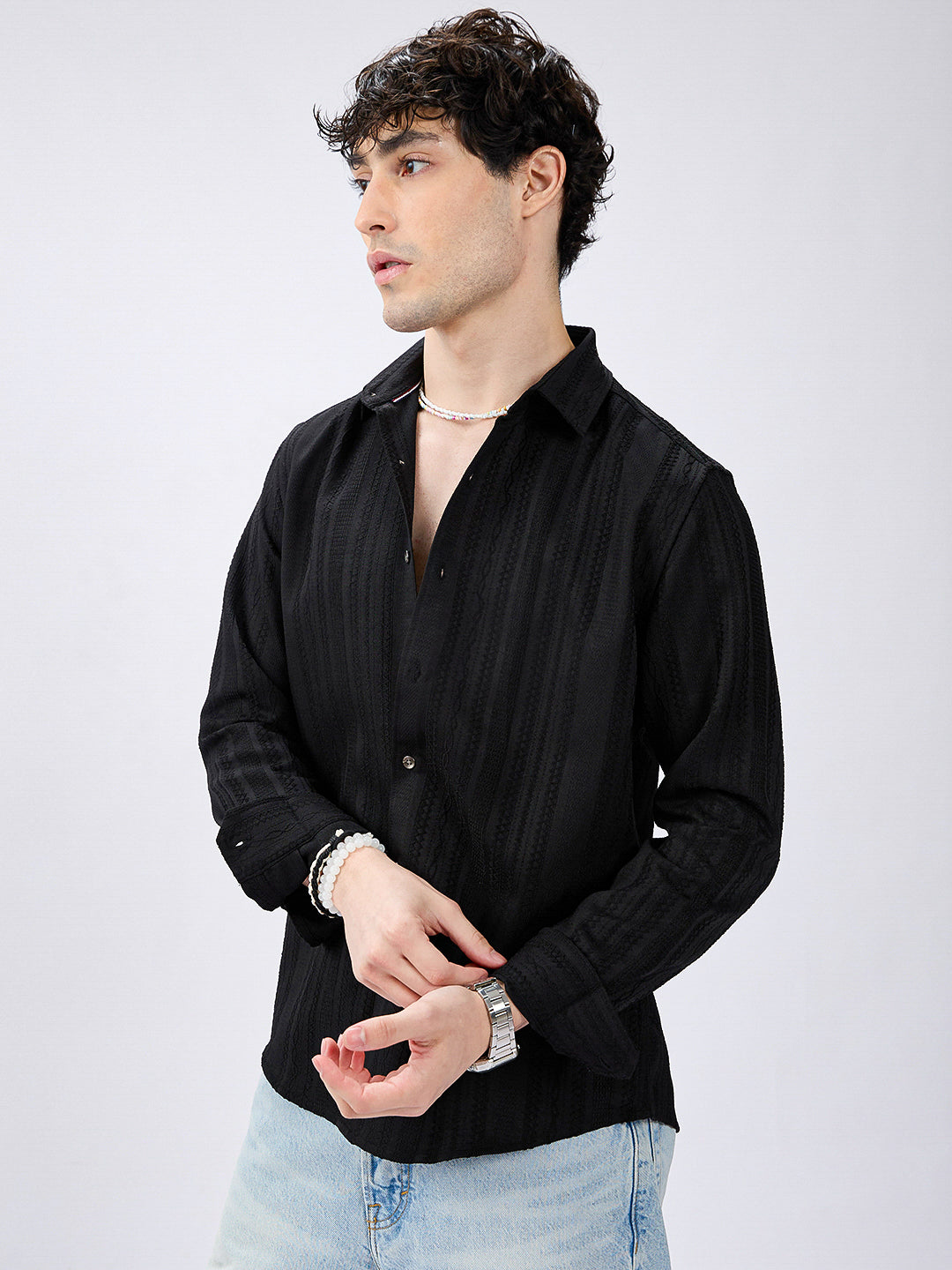 Black Artisan Woven Jacquard Striped Shirt