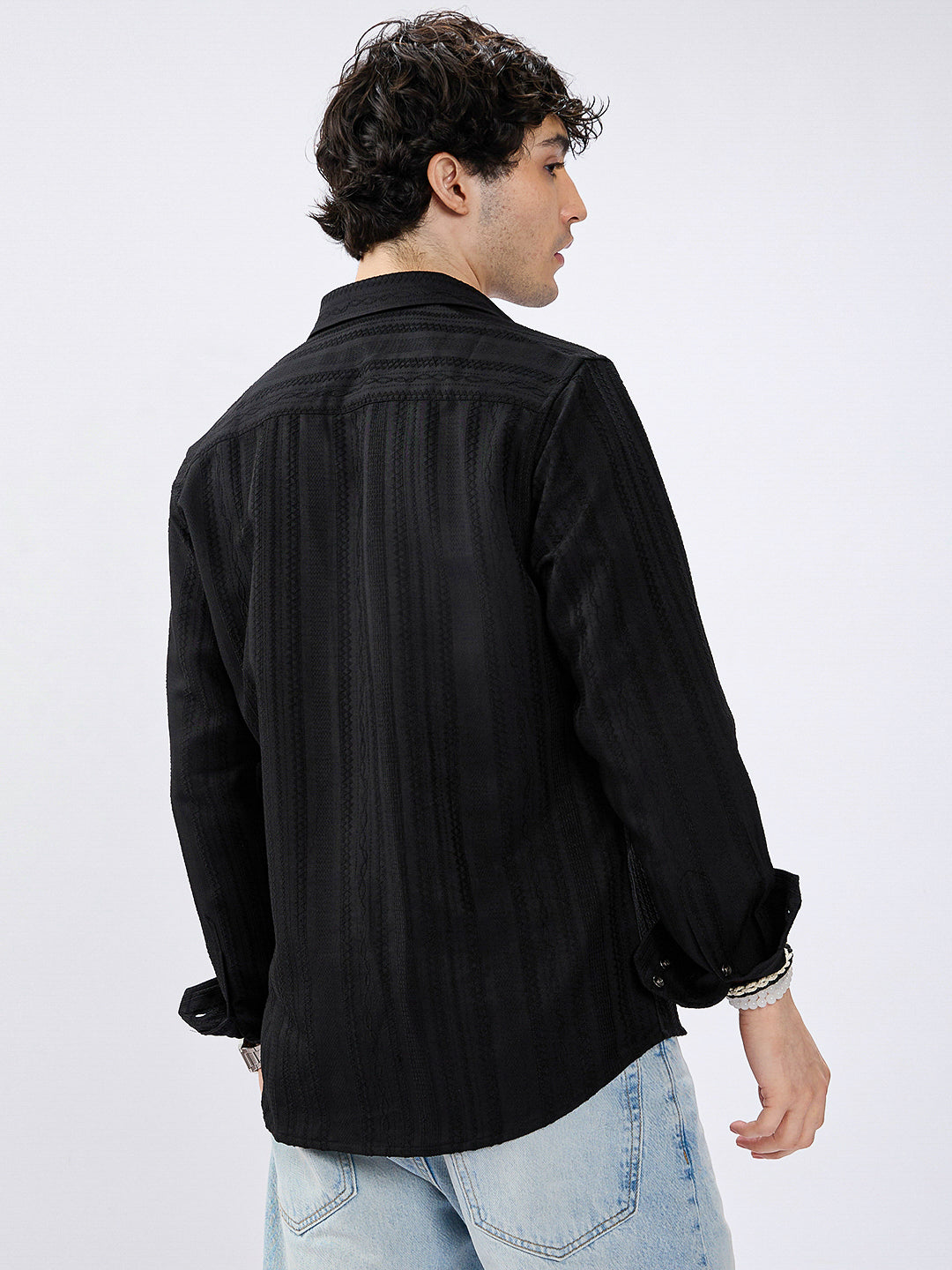 Black Artisan Woven Jacquard Striped Shirt
