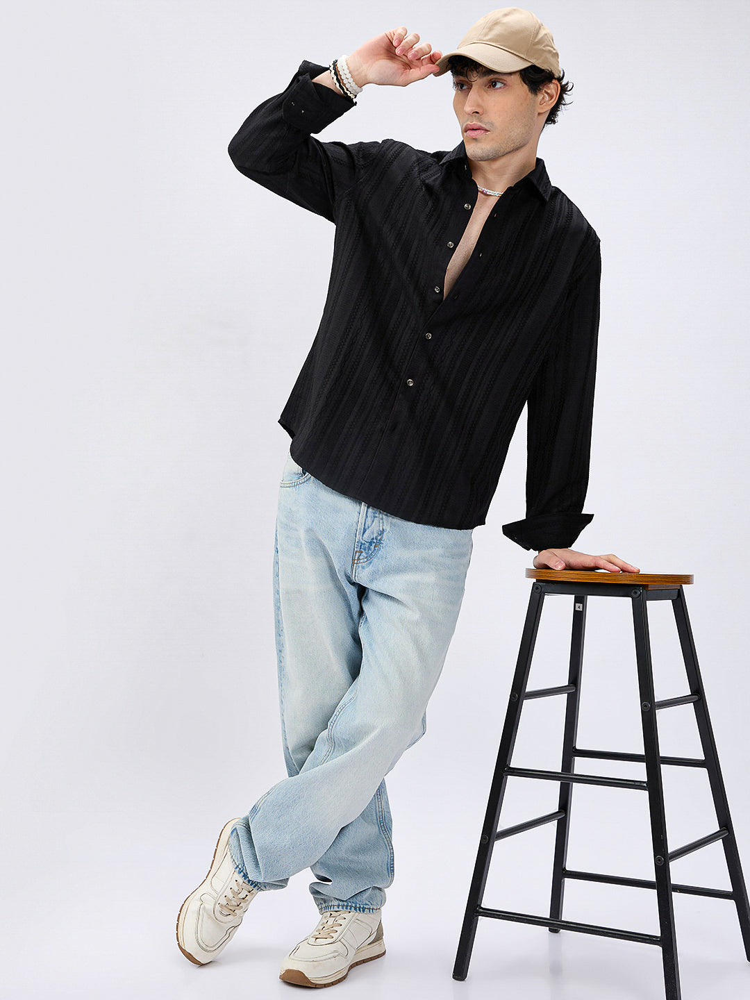 Black Artisan Woven Jacquard Striped Shirt