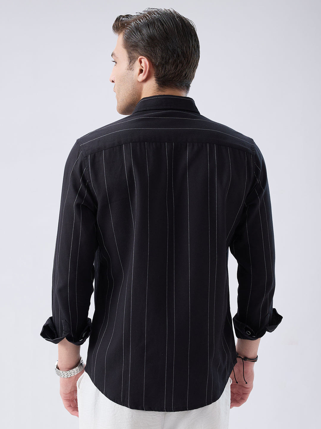 Black Contrast Stitch Vertical Striped Shirt