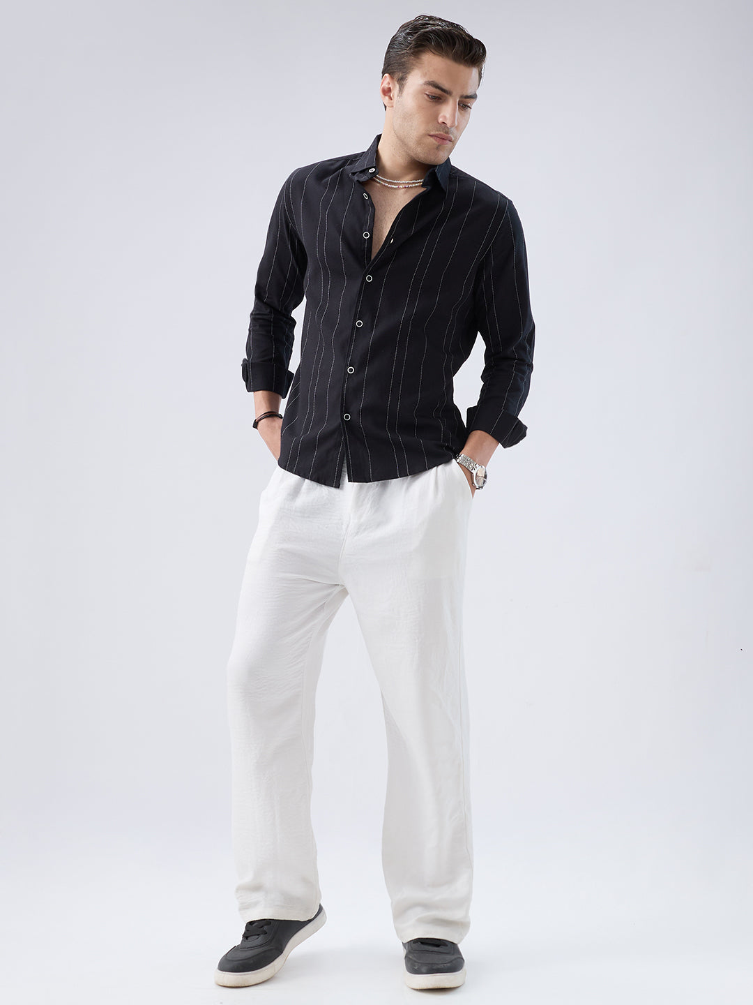 Black Contrast Stitch Vertical Striped Shirt