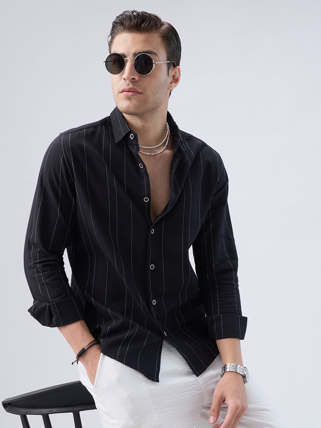 Black Contrast Stitch Vertical Striped Shirt