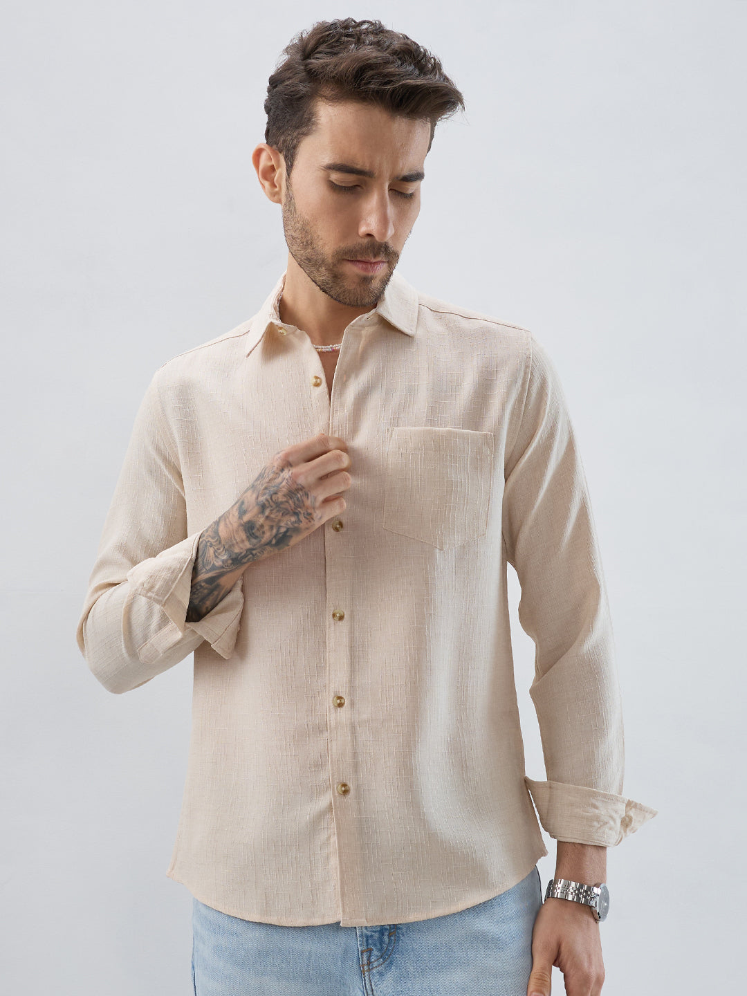 Elegant Cream Slub Textured Shirt