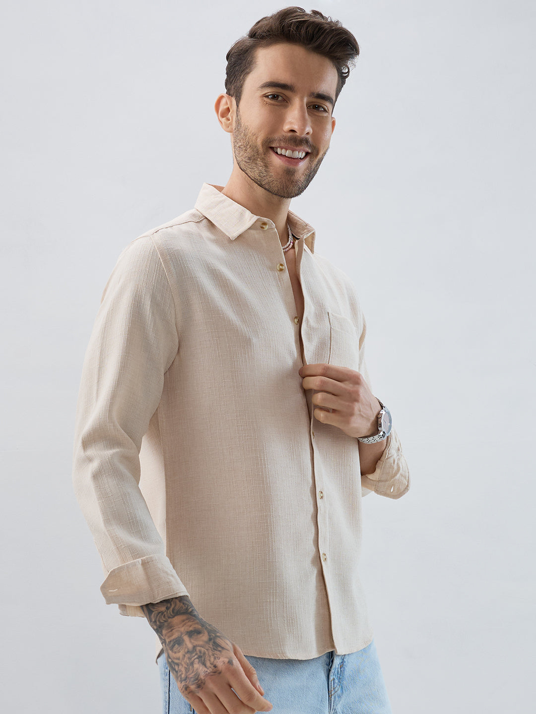 Elegant Cream Slub Textured Shirt