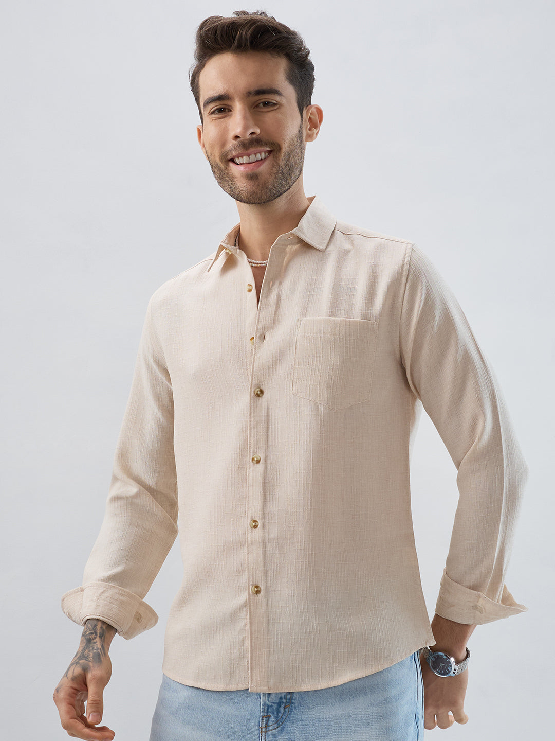 Elegant Cream Slub Textured Shirt